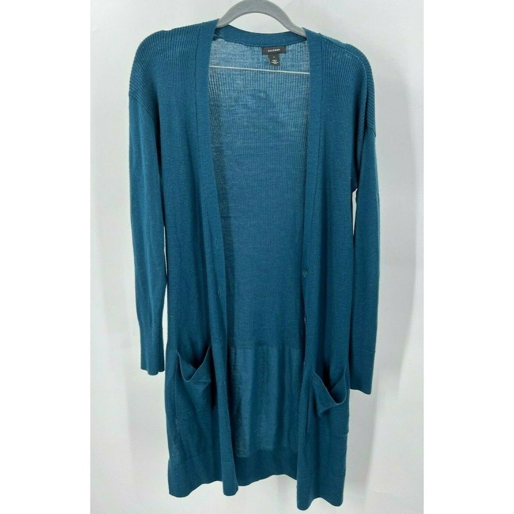 Halogen Womens S Small Merino Wool Blend Long Ribbed Cardigan W/Pockets Teal